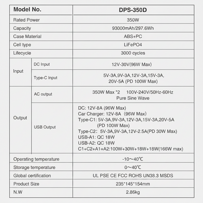 DPS-350D Portable Power Station | 297.6Wh LiFePO4 Battery, 350W AC Output